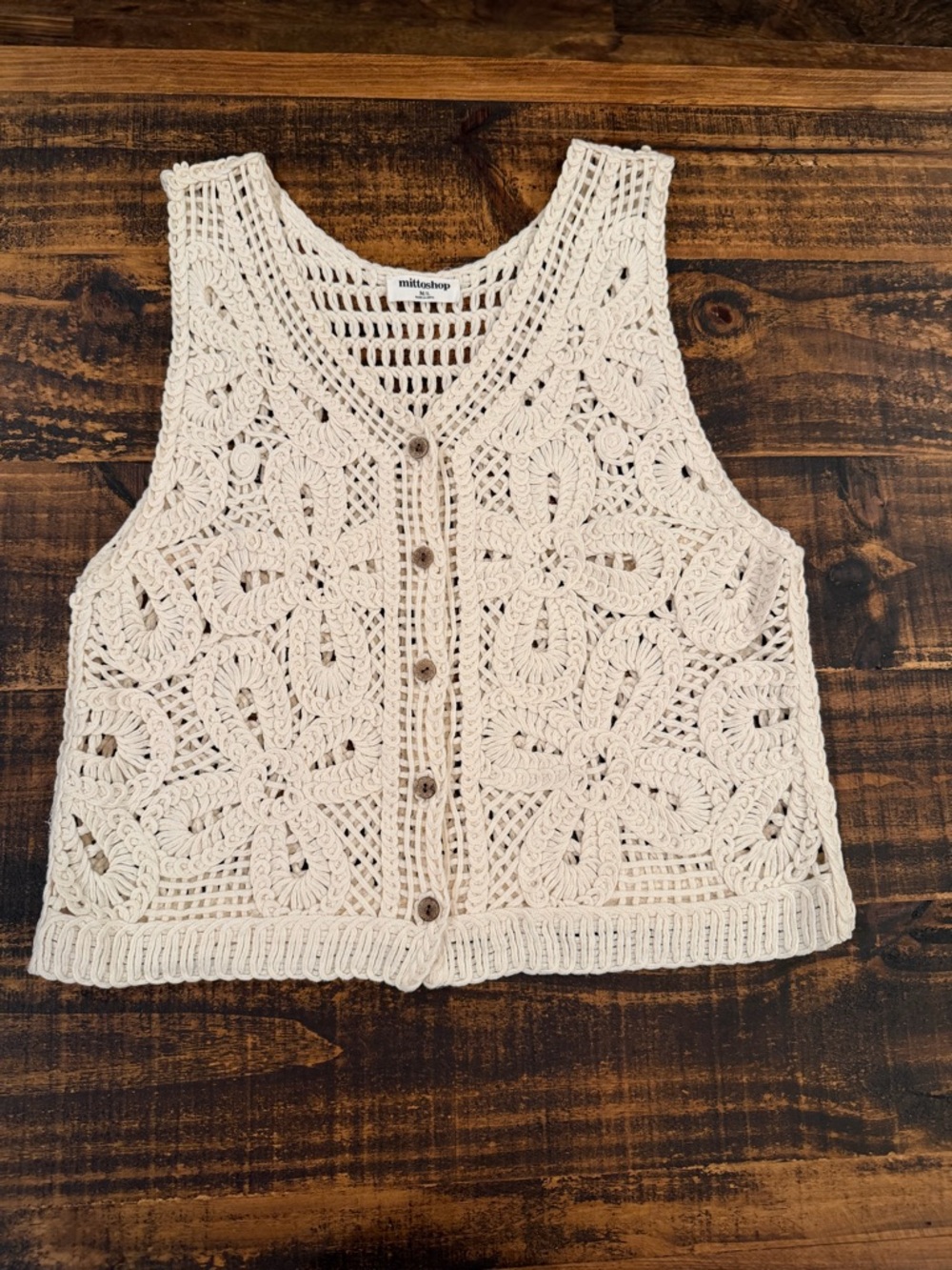 mittoshop Cream Crochet Button-Up Vest